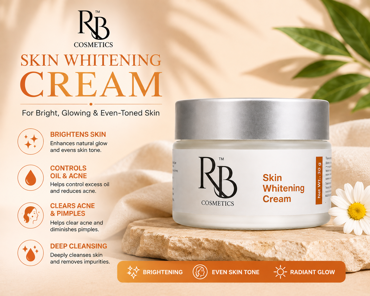 RB Cosmetics Skin Whitening Cream | Brightening & Pigmentation Care Cream | Niacinamide, Alpha Arbutin & Glutathione | 30g
