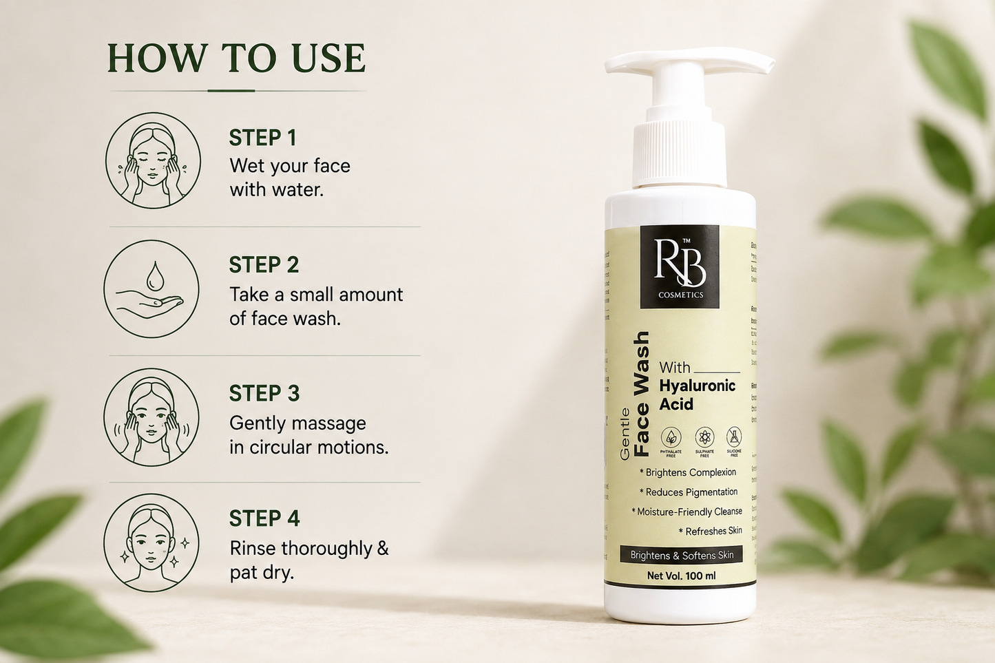 RB Cosmetics Gentle Face Wash with Hyaluronic Acid | Hydrating Daily Cleanser (100ml)