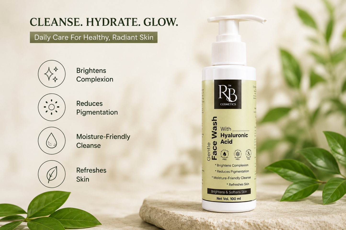 RB Cosmetics Gentle Face Wash with Hyaluronic Acid | Hydrating Daily Cleanser (100ml)